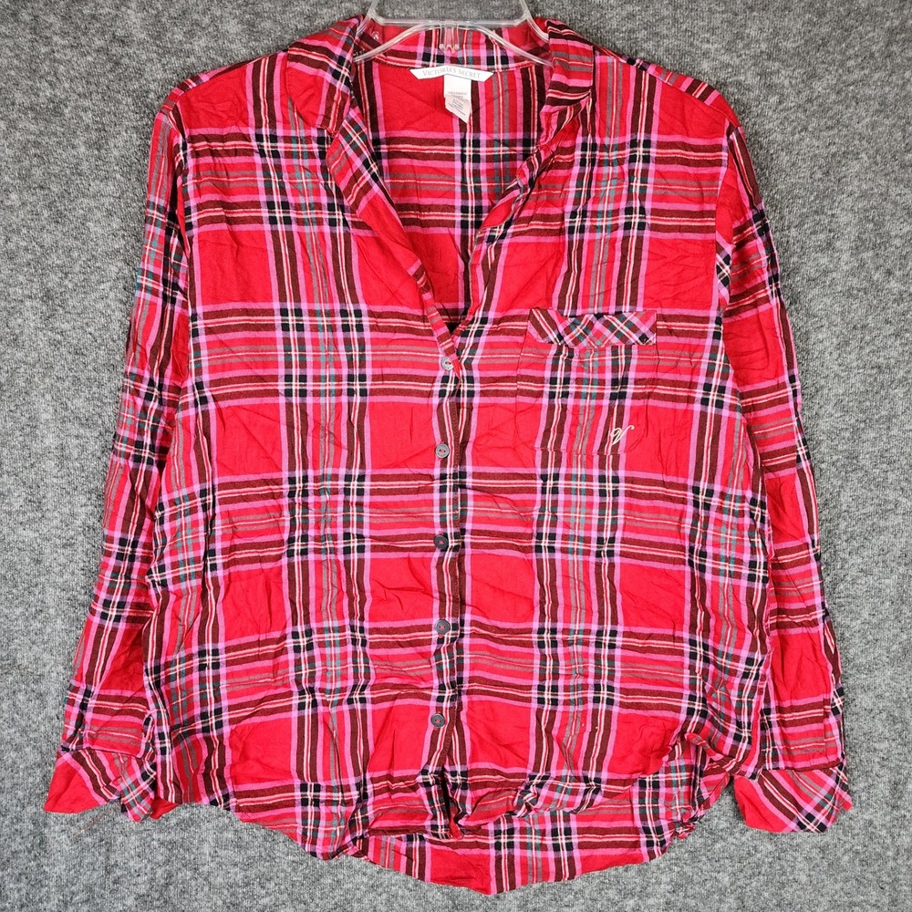 Victoria's Secret Pajama Top Womens S Red Plaid Button Down EUC